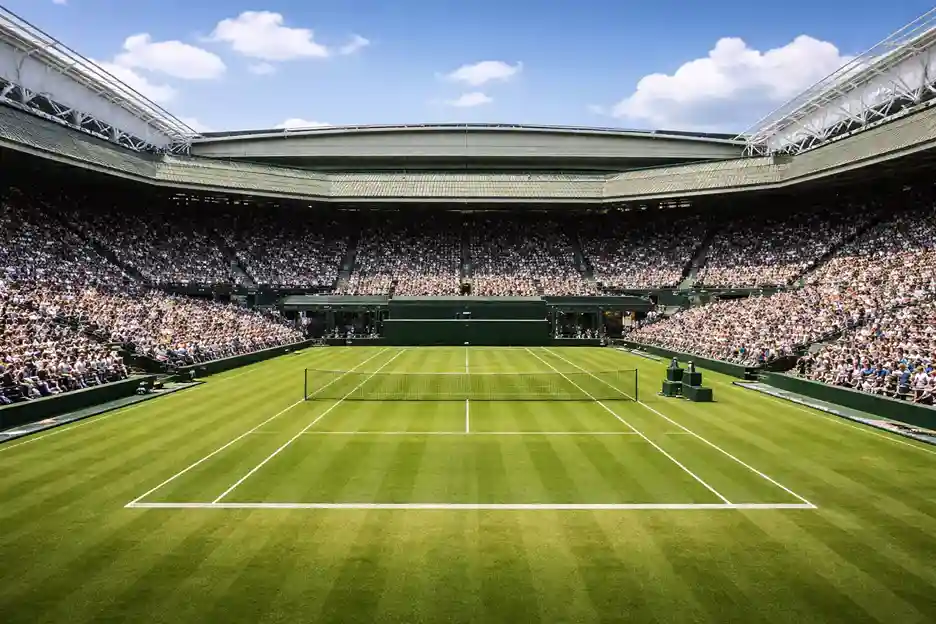 Wimbledon Centre Court mit Rasen und gefüllten Tribünen bei blauem Himmel