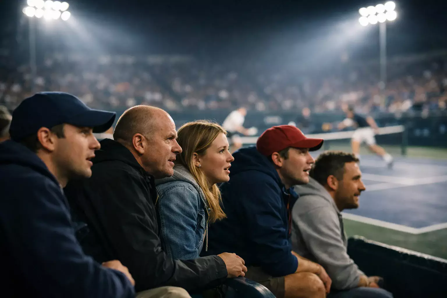 Publikum verfolgt ein spannendes Tennismatch im Stadion bei Flutlicht
