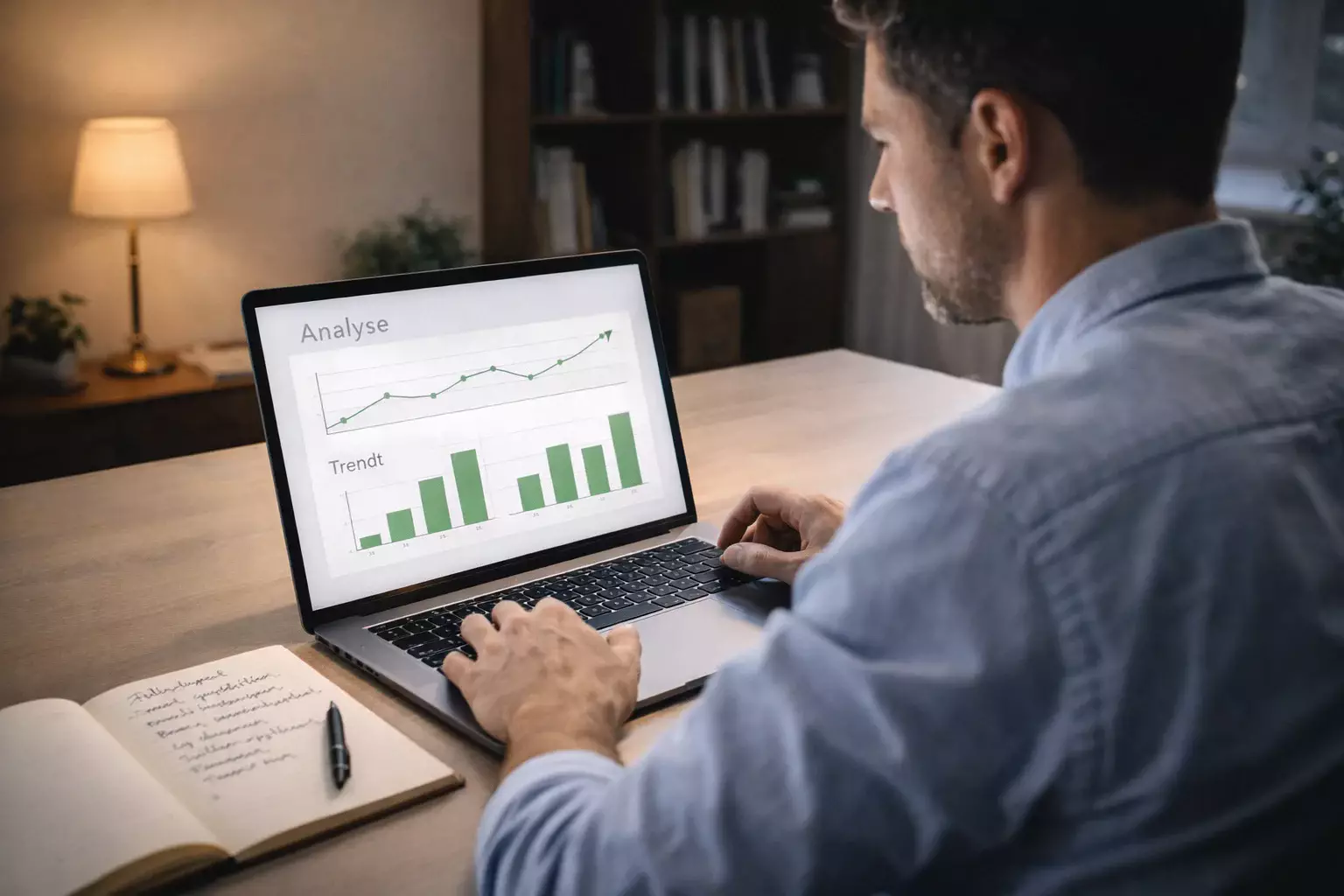 Person analysiert Tennisstatistiken auf einem Laptop mit Notizblock